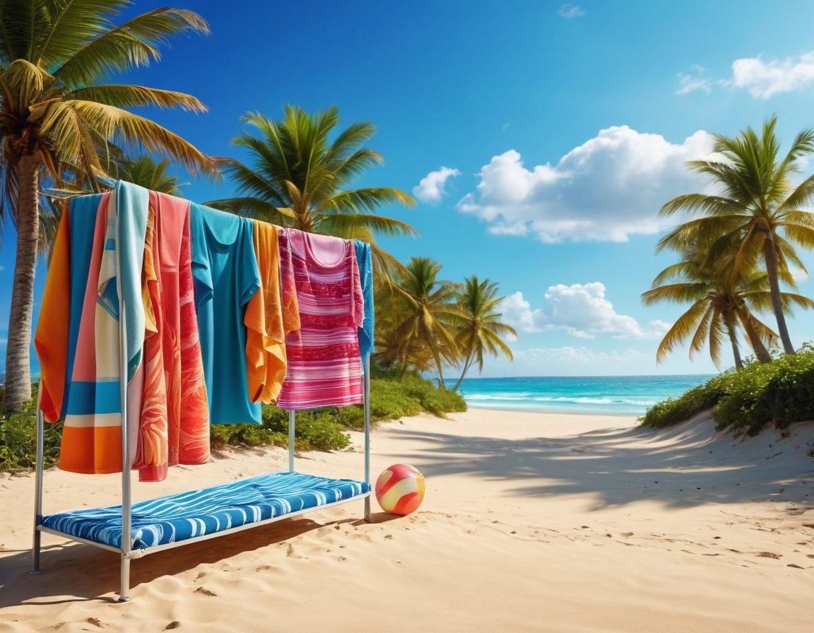 A split scene depicting a sunny golf course with lush fairways on one side, seamlessly transitioning into a vibrant beach with waves crashing on the other. In the foreground, stylish swimwear displayed on mannequins or hung on a clothesline, showcasing bright patterns and colors. Golf equipment like clubs and balls on the golf side, and beach essentials like sunglasses and towels on the other. The sky should be a bright blue with fluffy clouds. super-realistic. vibrant colors. gradient background.